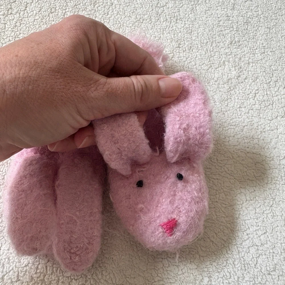 Baby Pink Pom Pom Felted Wool Bunny Slippers - Approx 9-12 Months